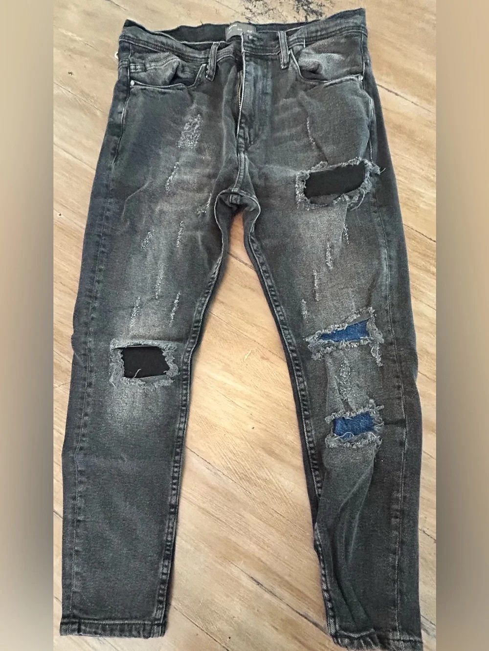 Zara Men's Black Distressed Skinny Jeans with Blue Patch Detail